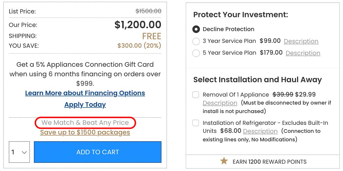 Information about Appliance Connection's price match and additional services regarding their refrigerators