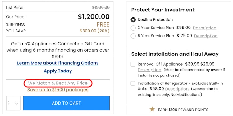 Information about Appliance Connection's price match and additional services regarding their refrigerators