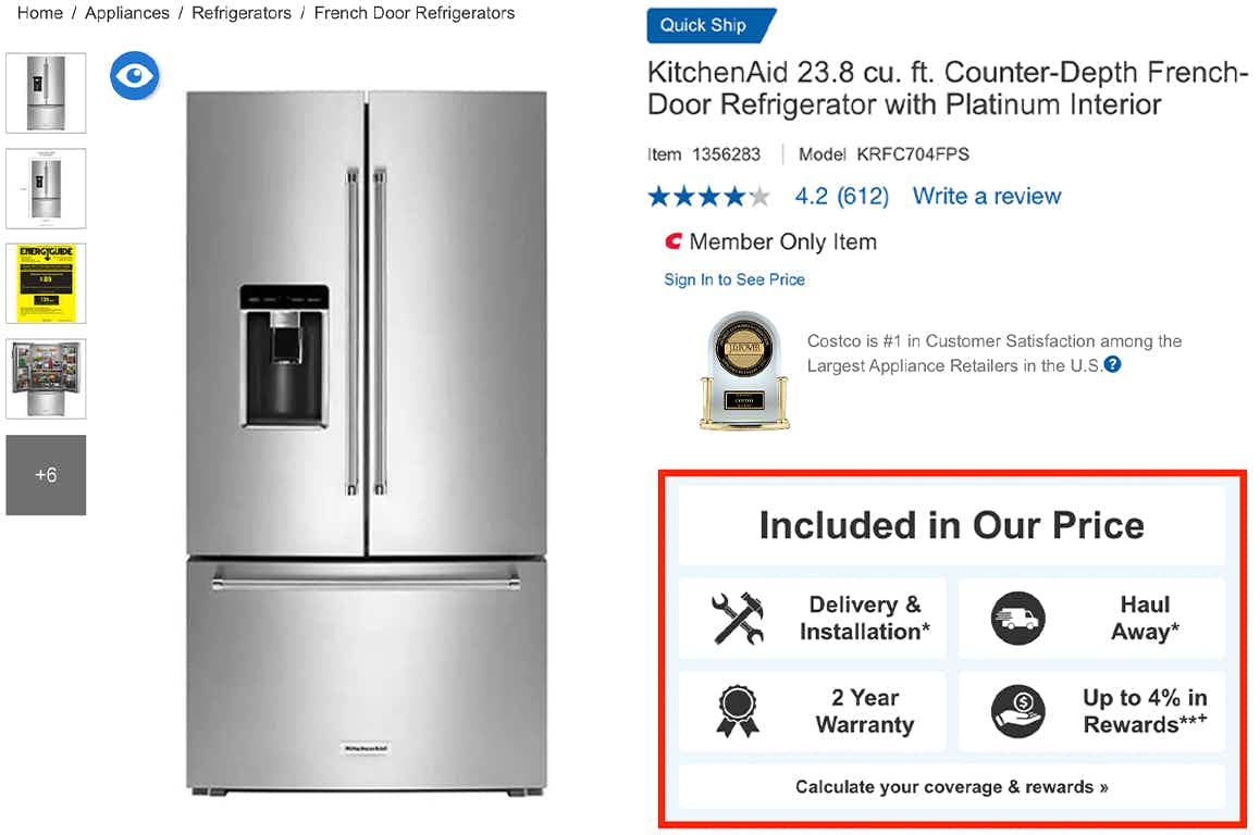 A screenshot of a Costco product page for a refrigerator showing the additional services/rewards included in the purchase