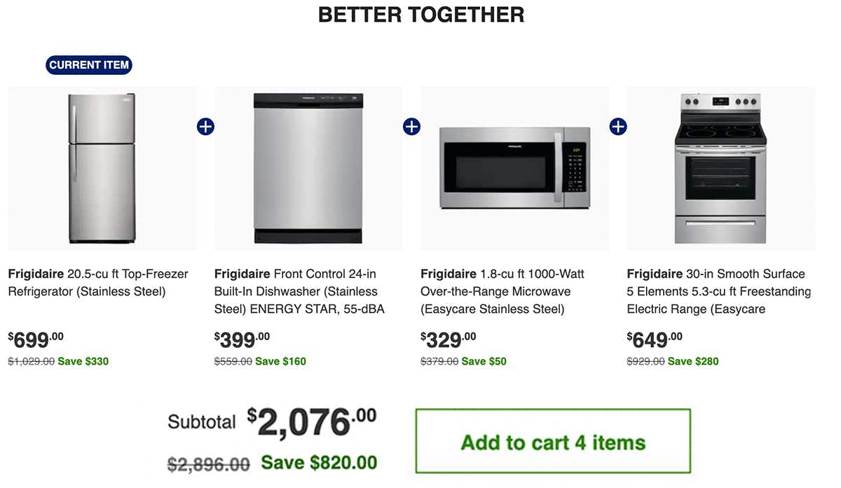 A screenshot from a Lowe's product page showing the discount available when bundling other appliances with the fridge listed