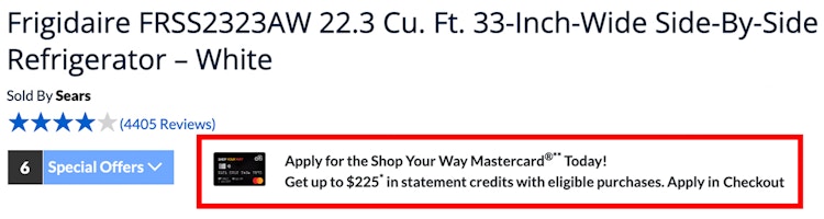 A screenshot from a Sears product page showing the special Mastercard offer available for the listed refrigerator