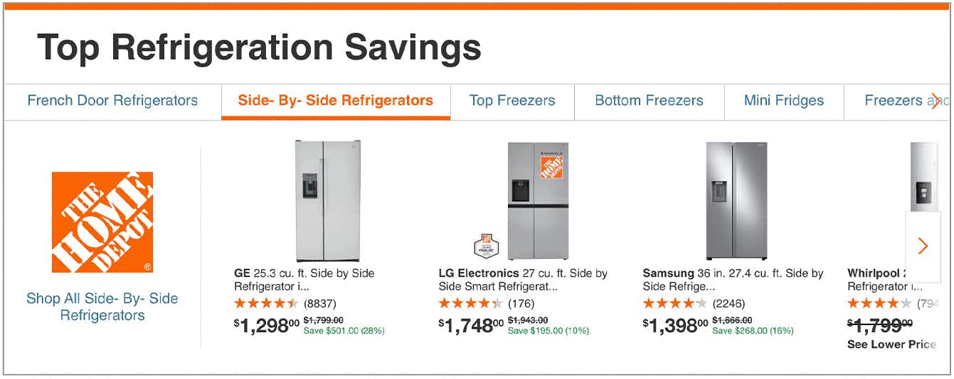 A screenshot of the Home Depot refrigerator landing page showing the Top Refrigeration Deals at the time