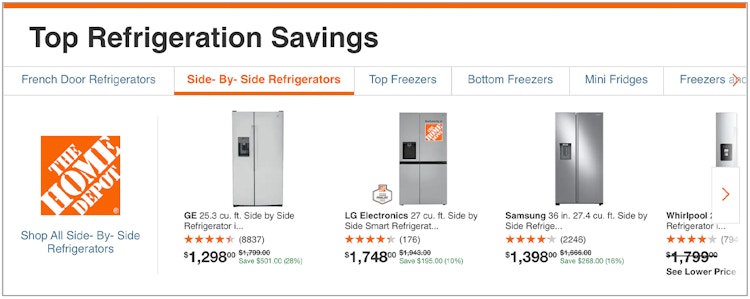 A screenshot of the Home Depot refrigerator landing page showing the Top Refrigeration Deals at the time