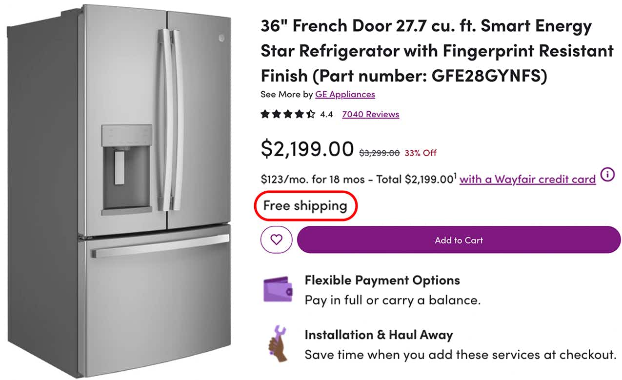 A product page on Wayfair.com for a fridge showing the free shipping, payment plan option, and other services available