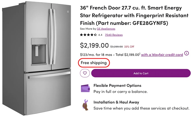 A product page on Wayfair.com for a fridge showing the free shipping, payment plan option, and other services available