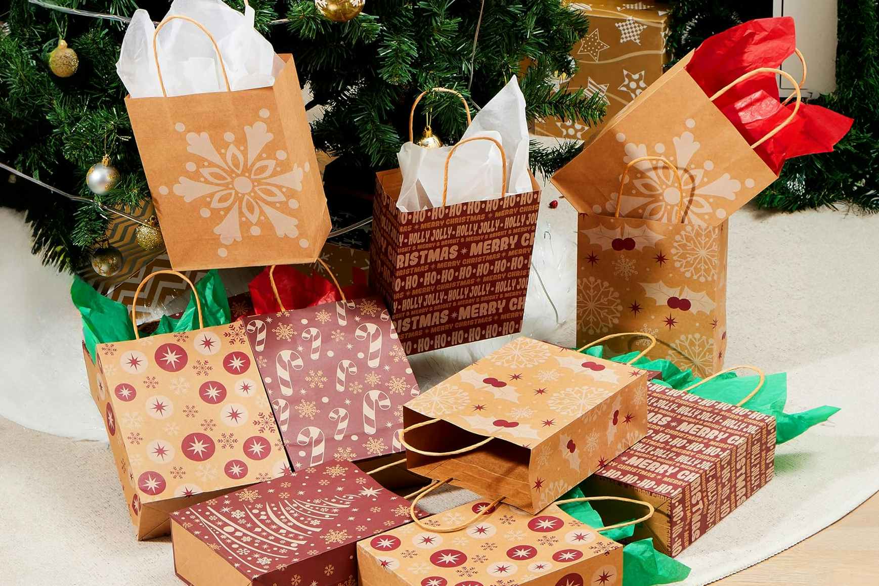 amazon gift bags under a christmas tree