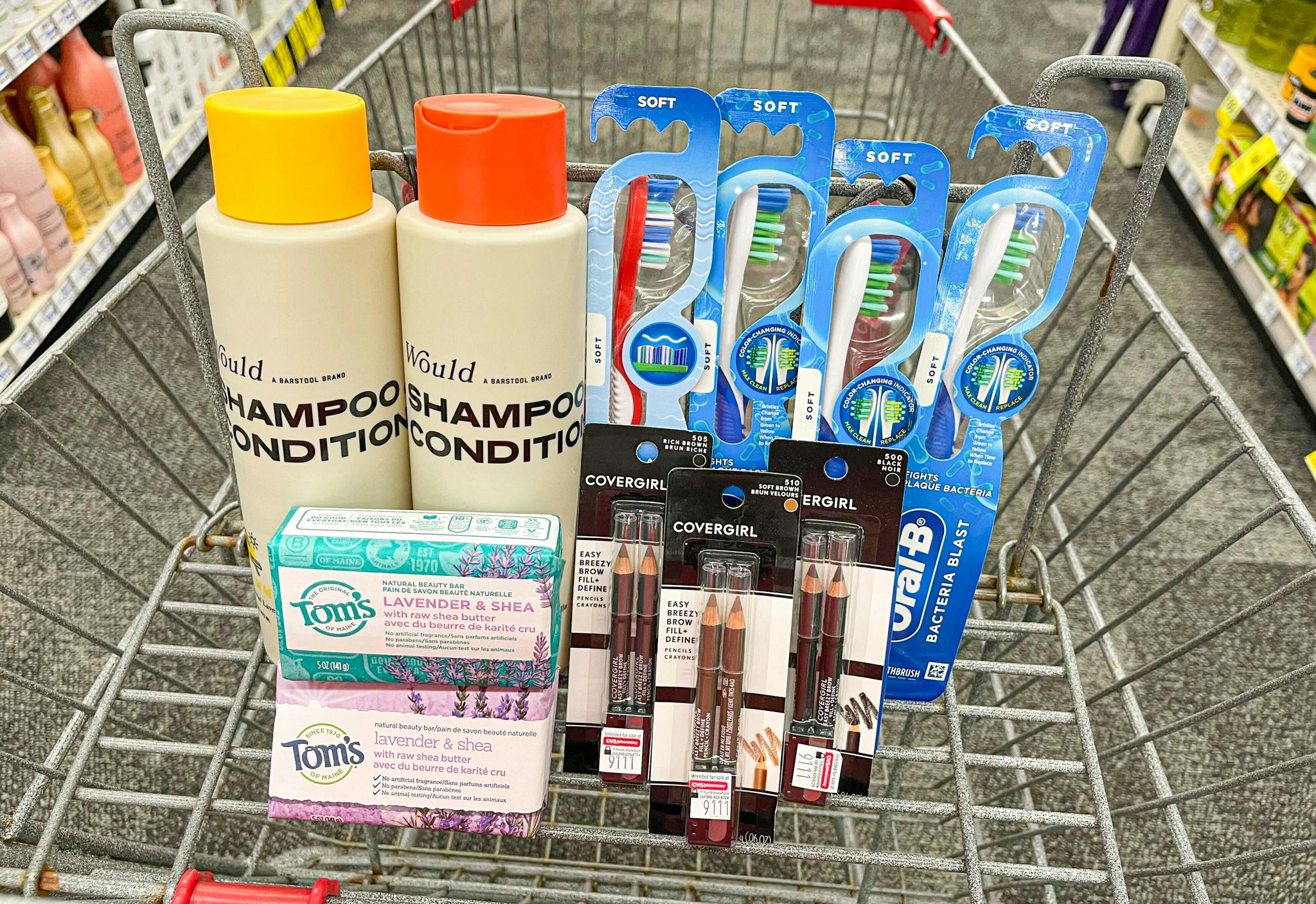would, oral-b, tom's, and covergirl in shopping cart