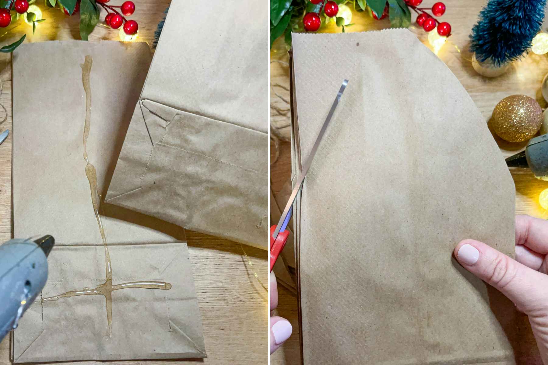two side by side images of a person gluing bags together and cutting bags 