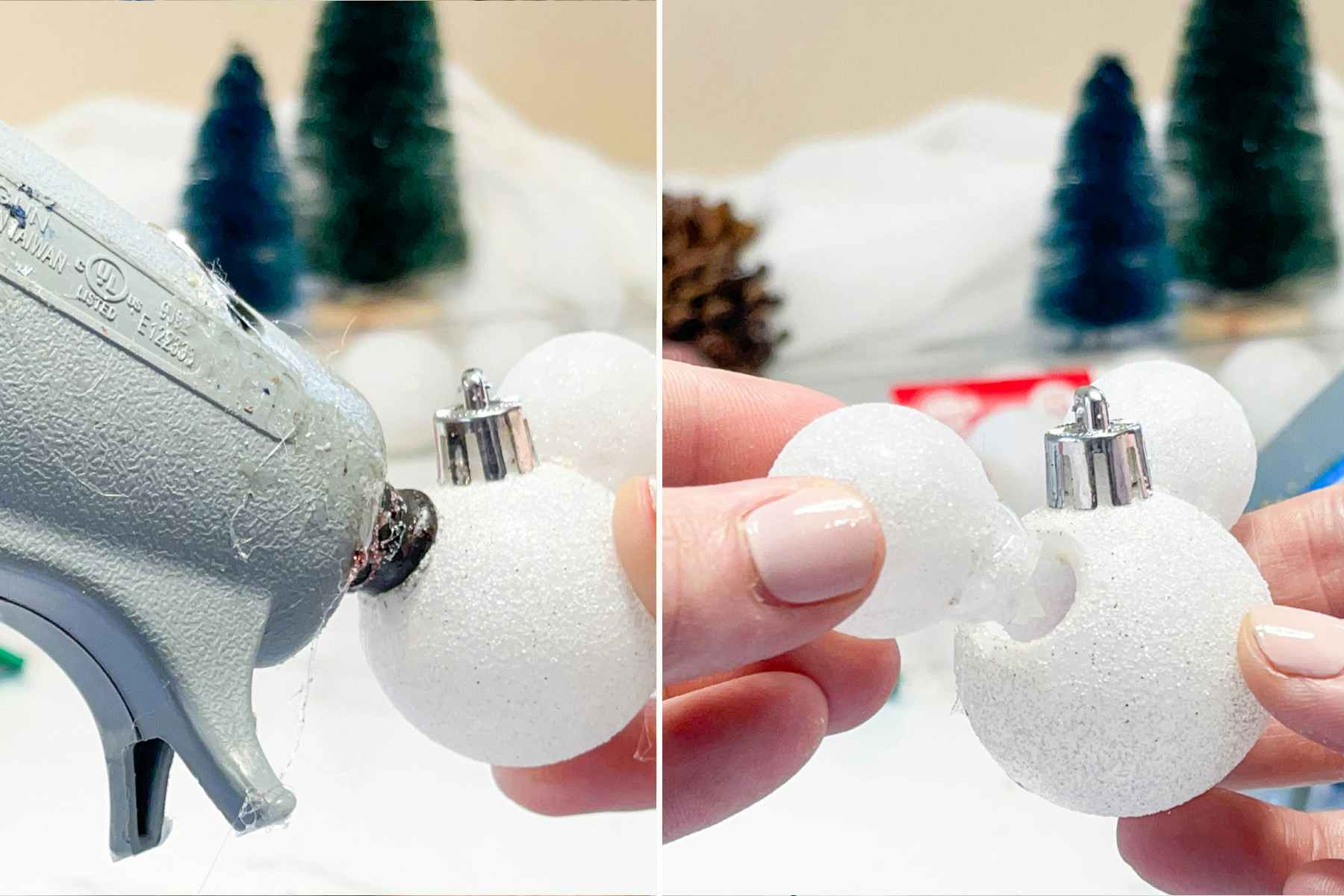 two side by side images of a person gluing ornaments together 
