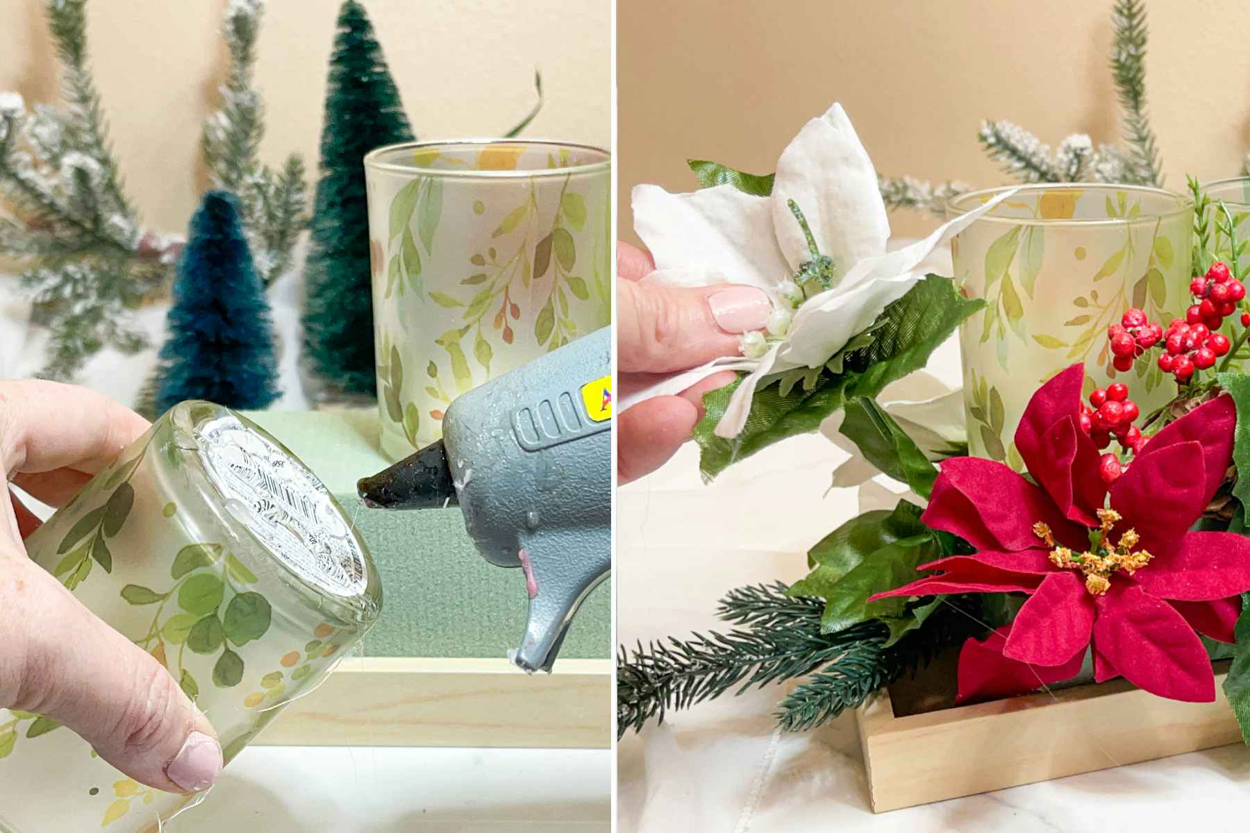 two images side by side of a person gluing votives and placing faux flowers into a centerpiece 