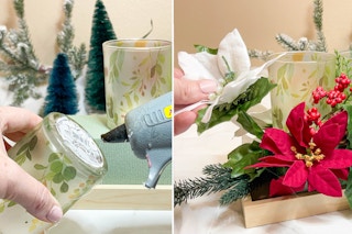 two images side by side of a person gluing votives and placing faux flowers into a centerpiece 