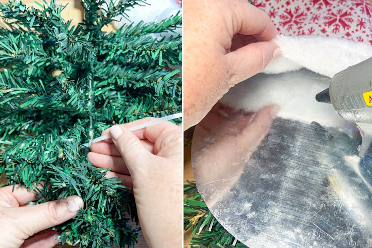 two images side by side one of a person zip tying mini trees and gluing a santa hat on mental 