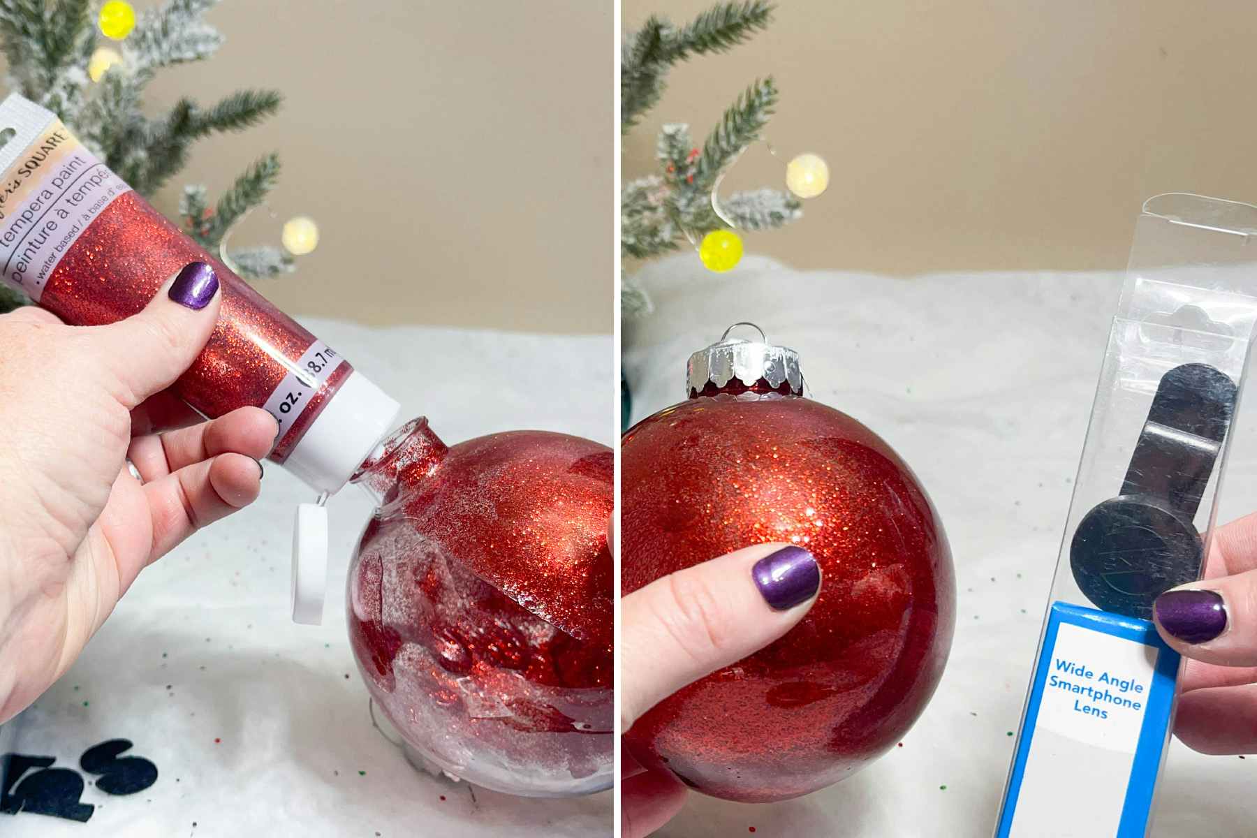 two side by side images of a person making a diy santa cam ornament