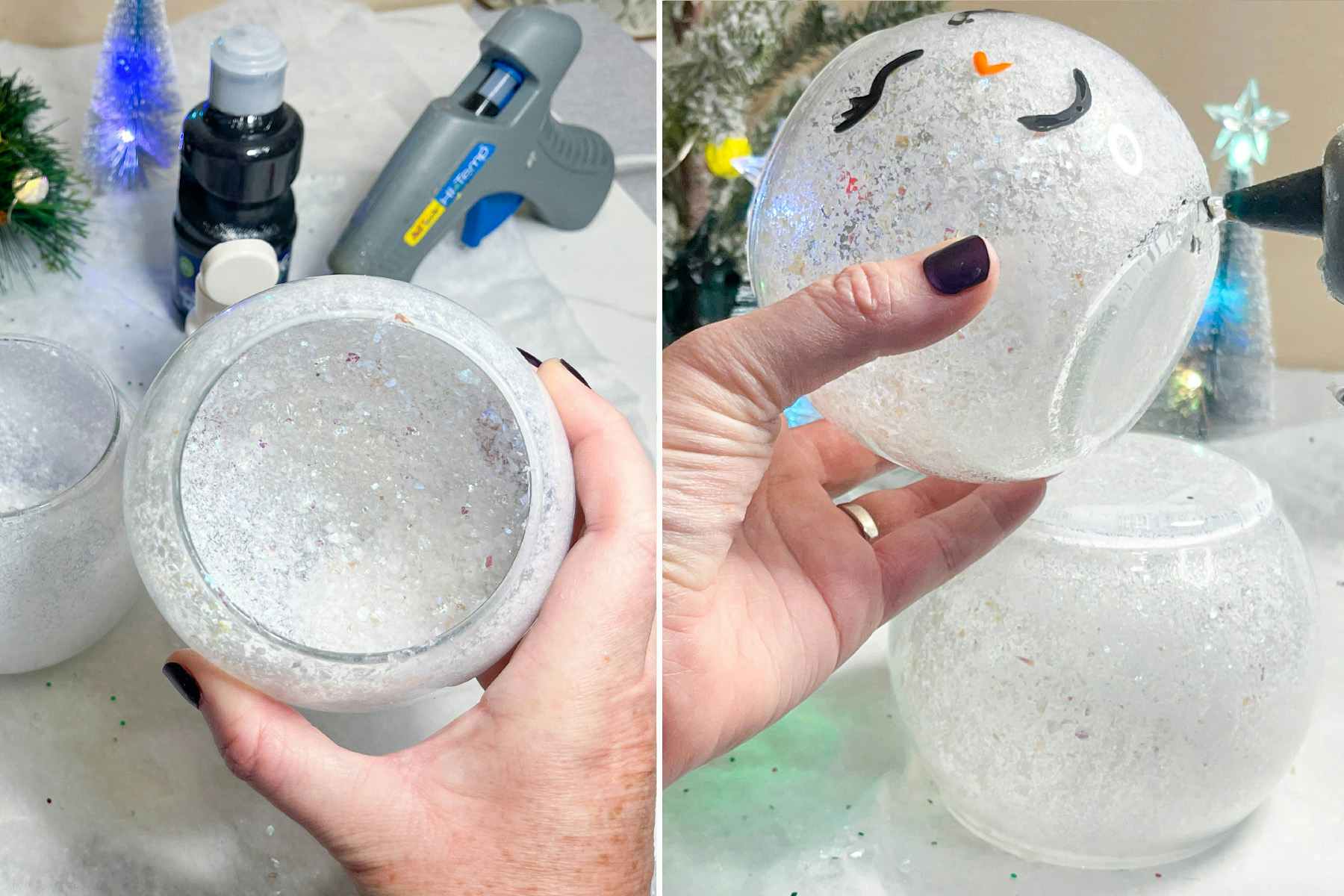 two side by side images of fake snow being put inside two vases and the vases being glued together 