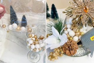 two side by side images of a person making a wine glass candle holder 