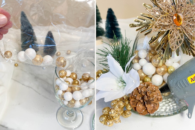 two side by side images of a person making a wine glass candle holder 