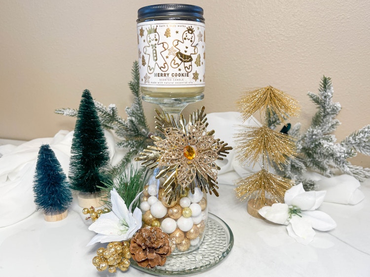 a diy wine glass candle holder out of a wine glass