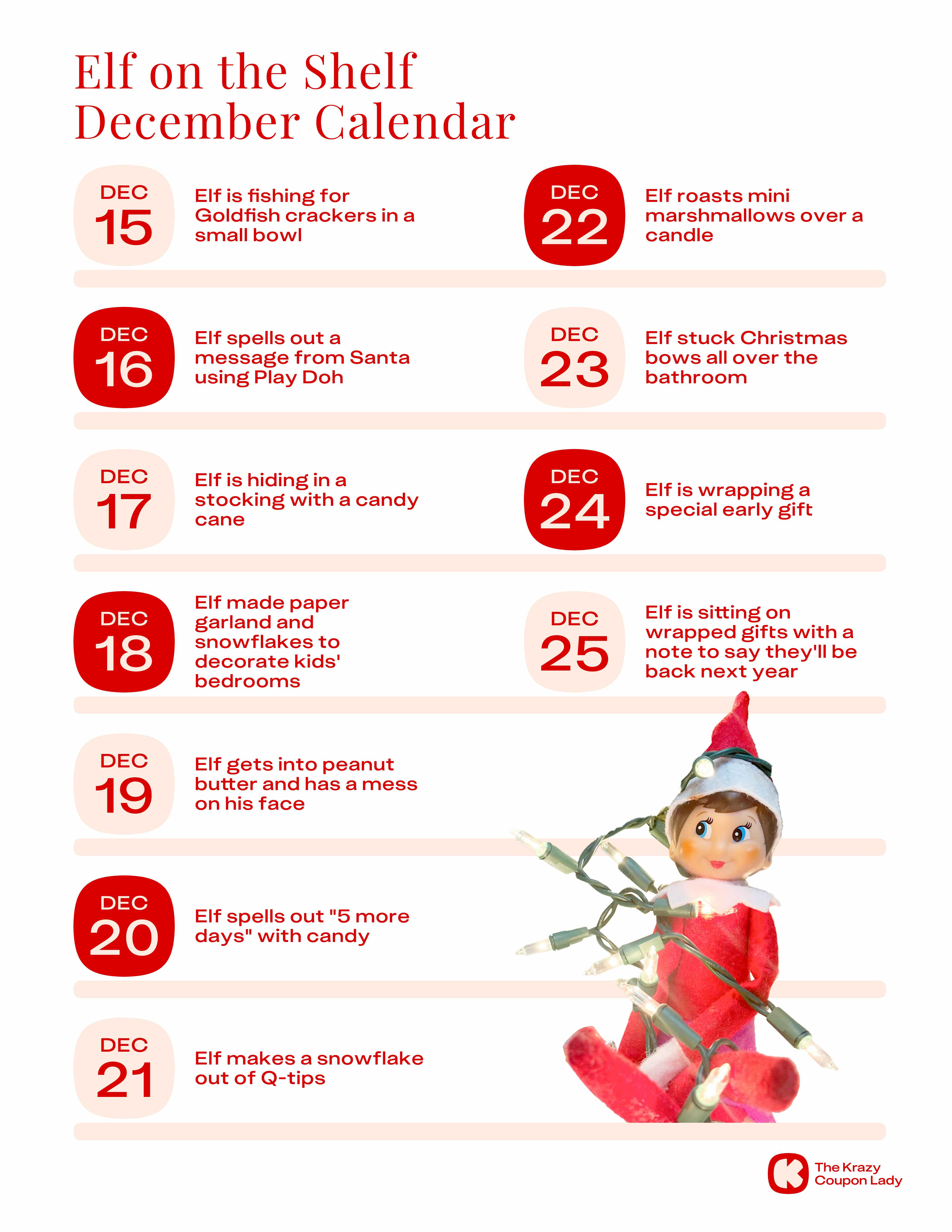 elf on the shelf december calendar graphic with ideas for days 15-25