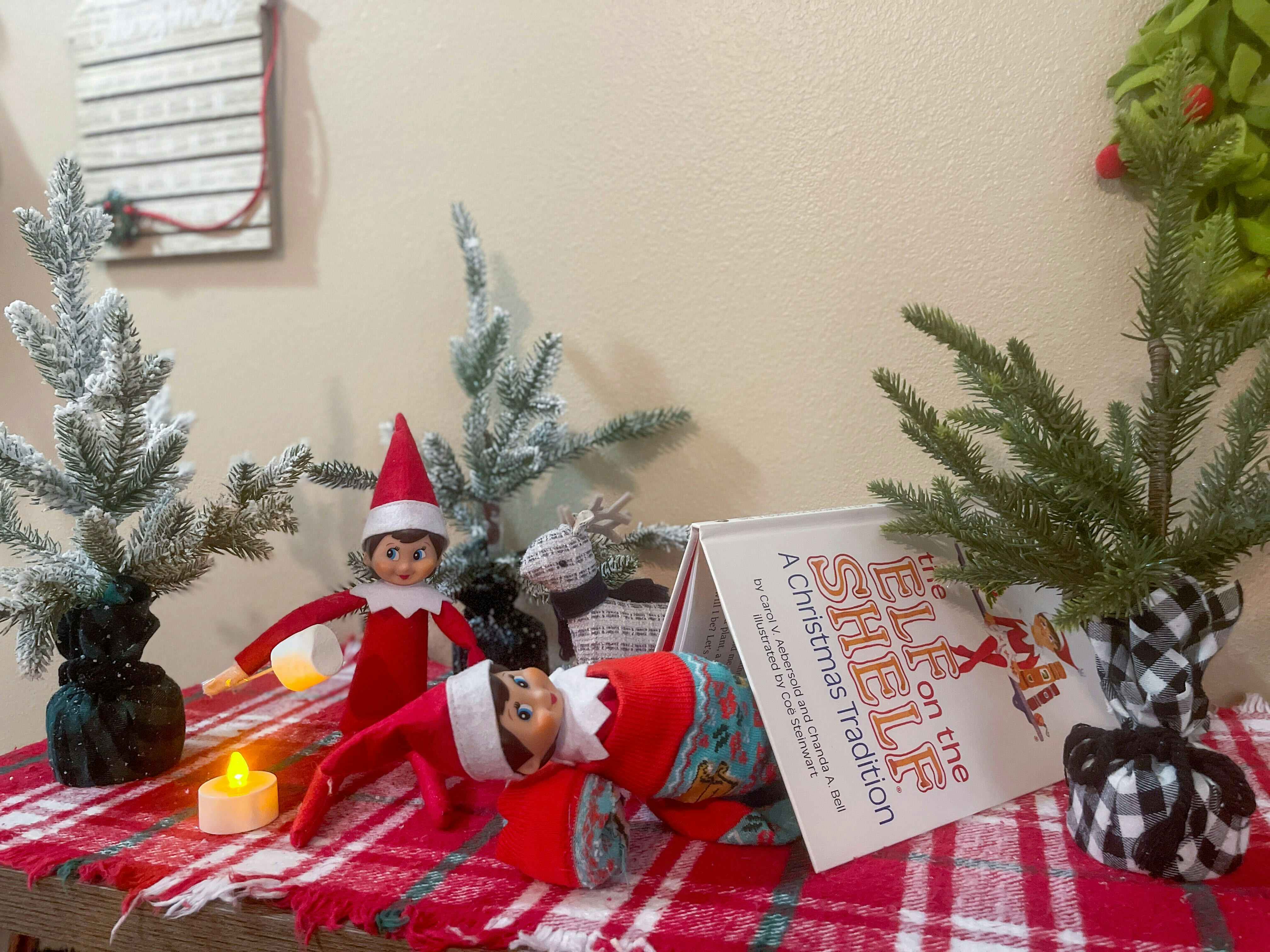 two elf of the shelf dolls pretending to camp with a book, socks, and roasting a marshmallow 