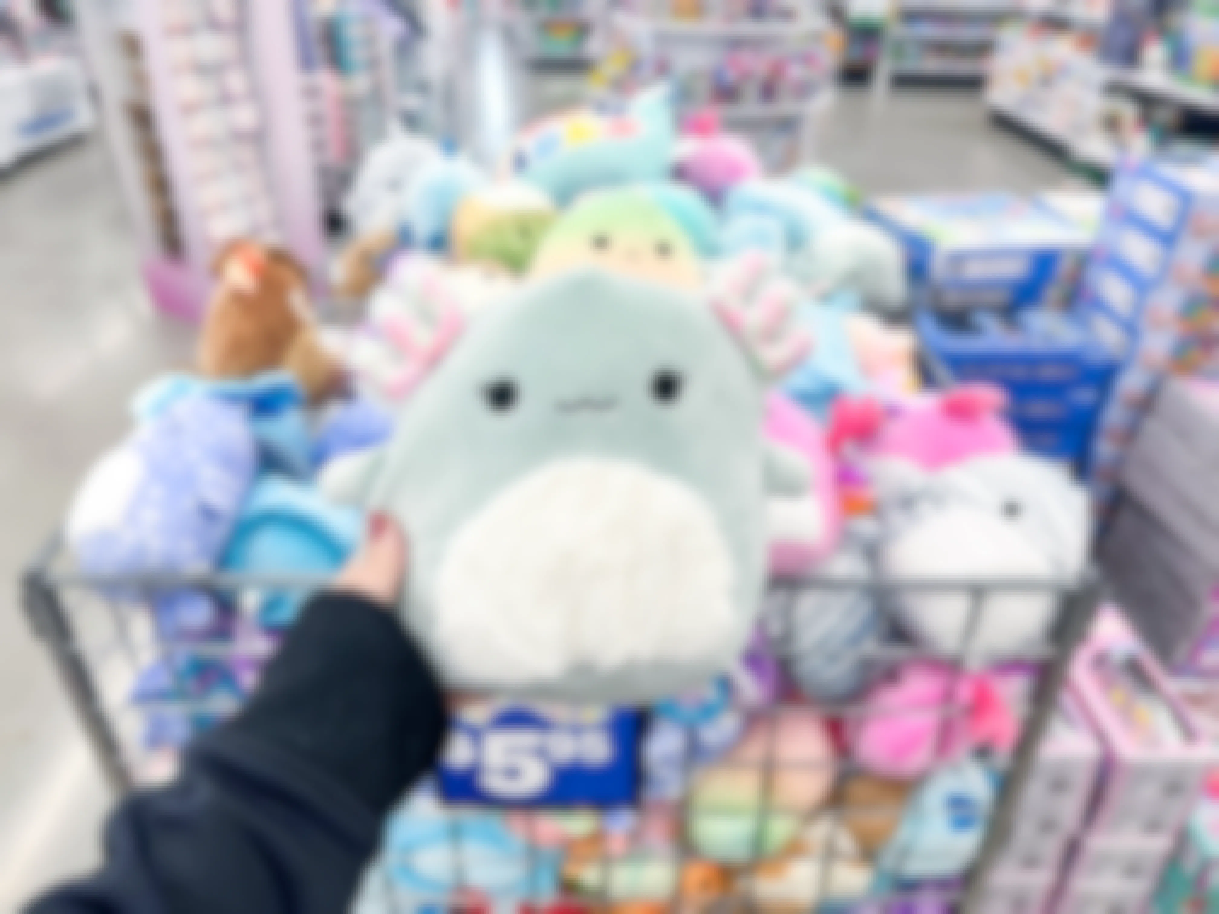 Chasmen the Axolotl in front of a large bin of Squishmallows at Five Below