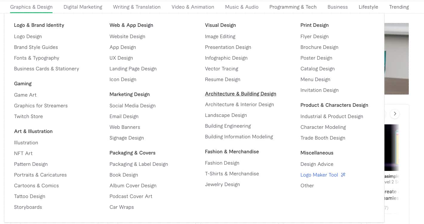 Fiverr Industry categories