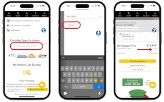 Three phones showing screens as a tutorial of how to apply the MILITARY promo code when buying a used car from Hertz