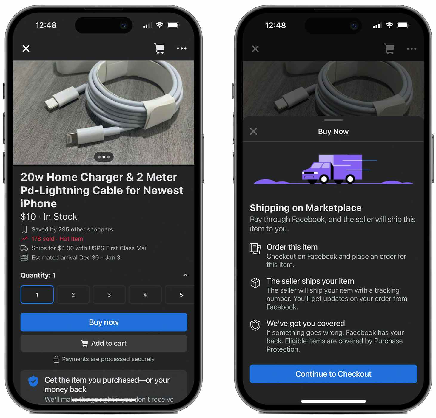 A graphic of two phones, one showing a Facebook Marketplace listing with the Buy Now button and the other showing a pop-up screen within the app with information about Buy Now