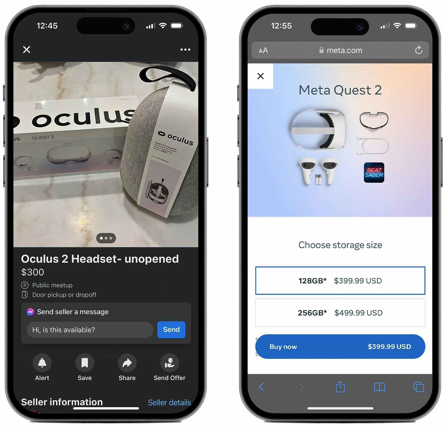 A graphic of two iPhones, one showing a listing for an Occulus Quest 2 VR headset unopened on Facebook Marketplace for $300 and the other showing the listing price on the Meta website $399.99