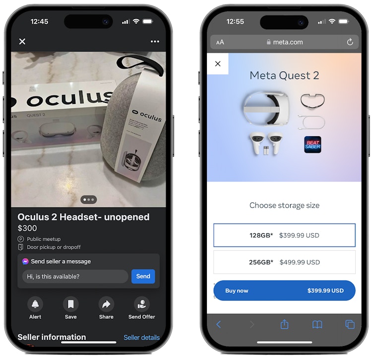 A graphic of two iPhones, one showing a listing for an Occulus Quest 2 VR headset unopened on Facebook Marketplace for $300 and the other showing the listing price on the Meta website $399.99