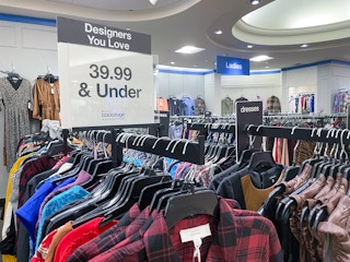 a clothing rack at Macy's Backstage with a sign on top that says "Designers you love, $39.99 & Under.