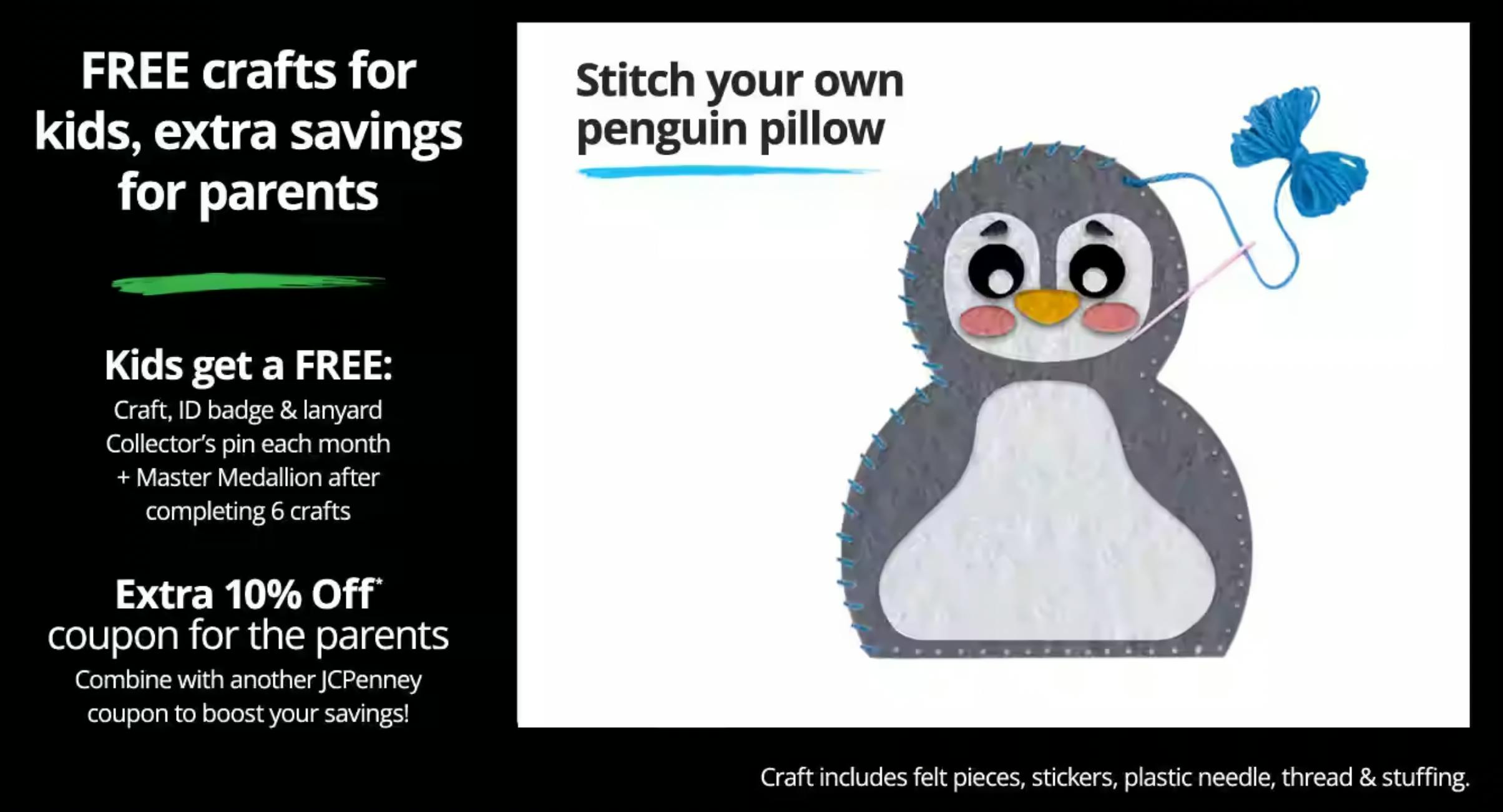 A screenshot of the JCPenney kids zone penguin pillow craft