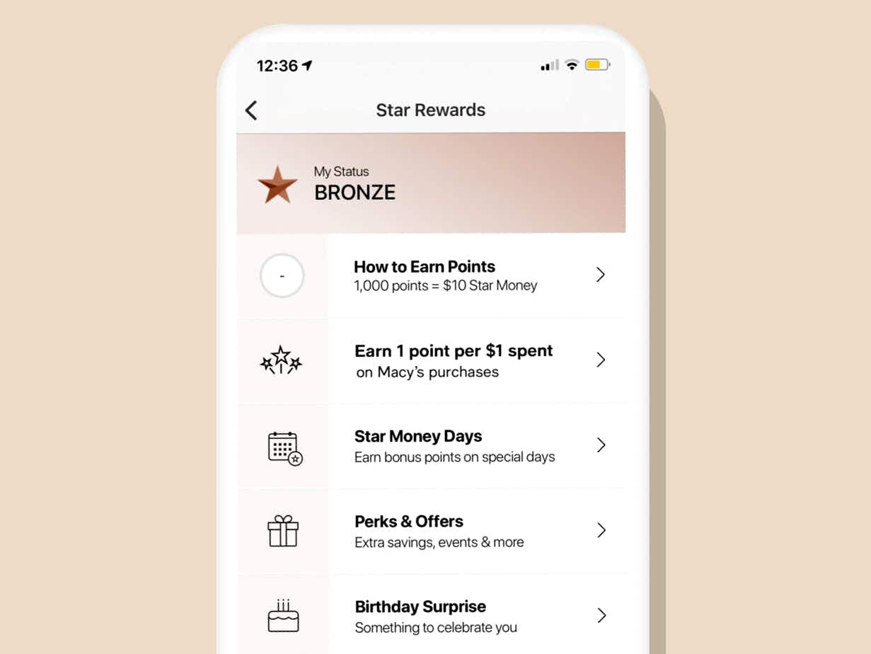 macys star rewards bronze status perks screenshot on phone