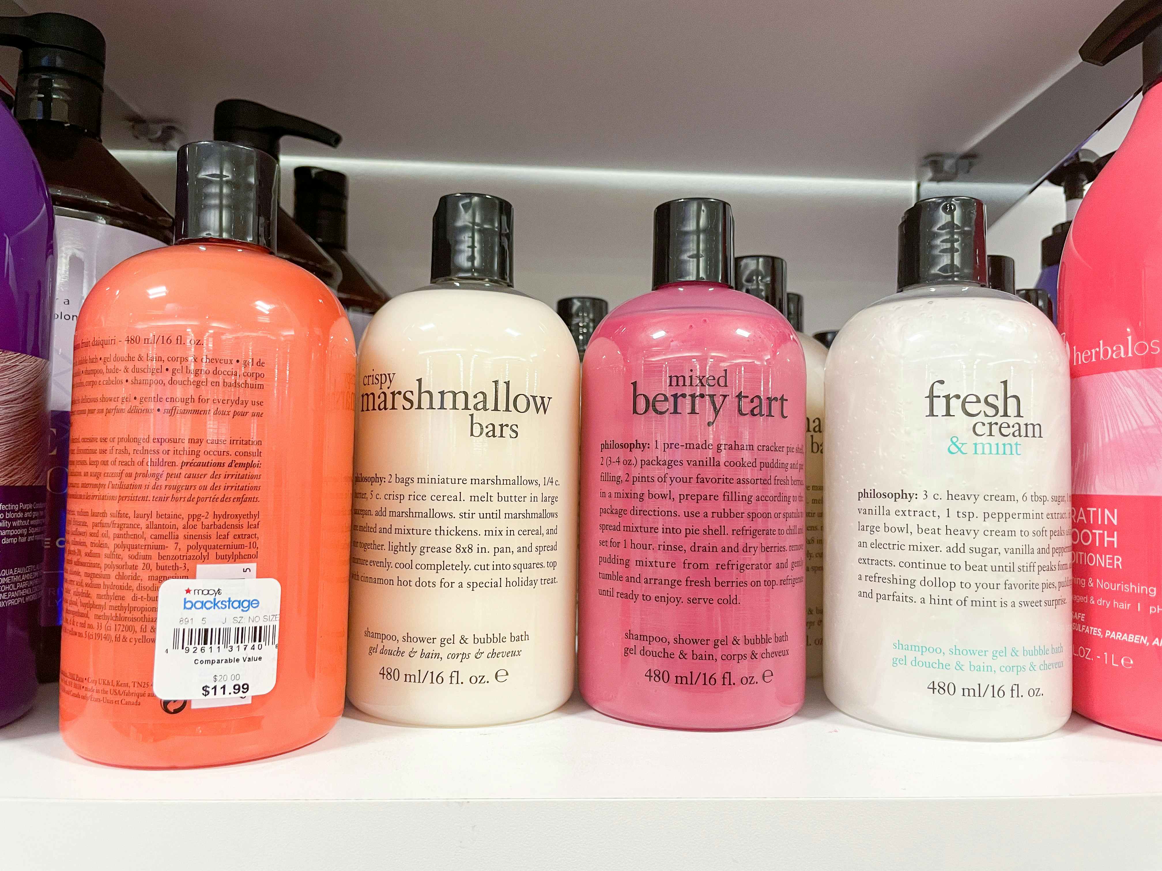a variety of philosophy shower gels on the shelf in the beauty section of Macy's Backstage