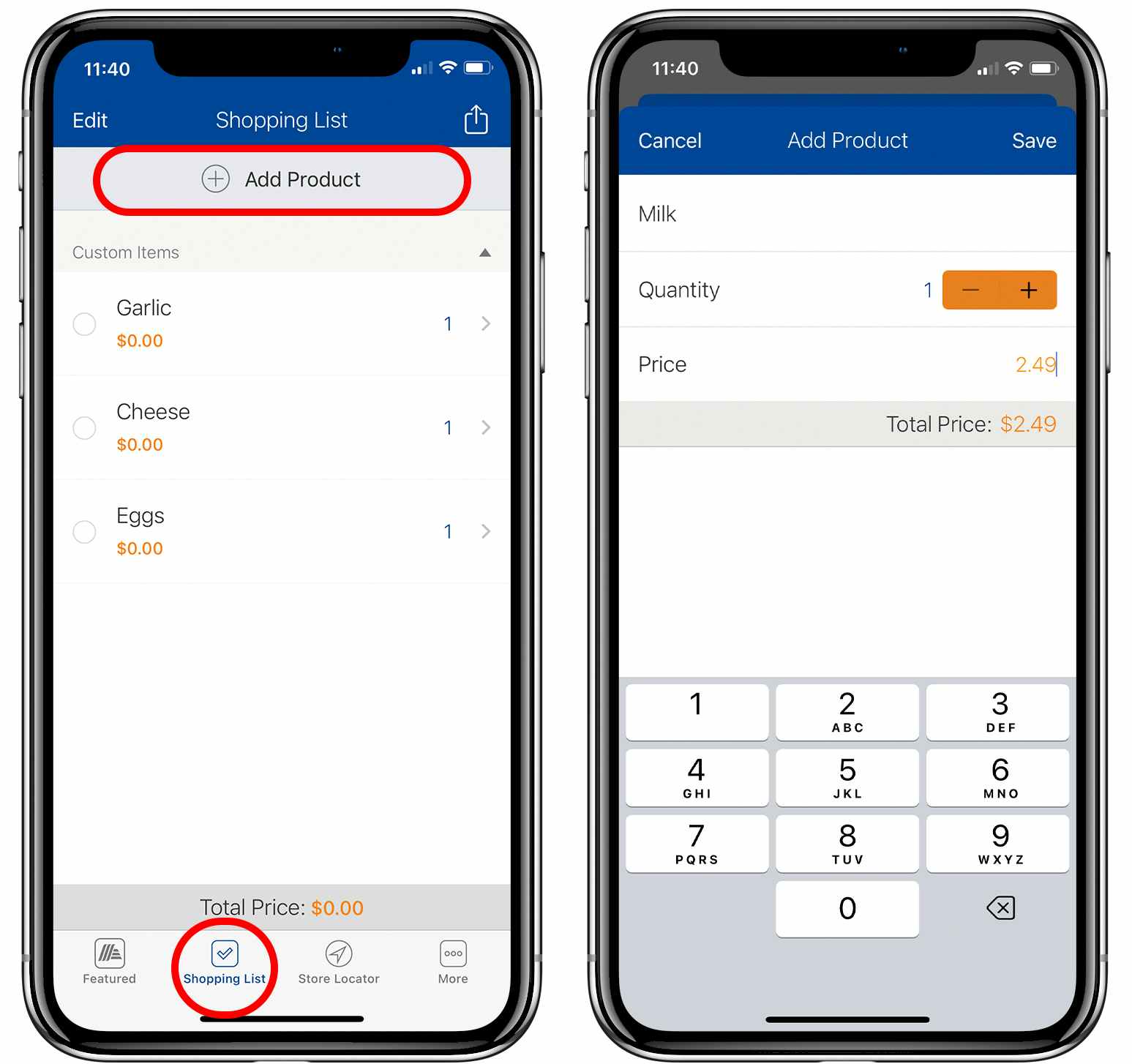 the ALDI app shown on a graphic of two phones displaying how to get to and add items to your shopping list