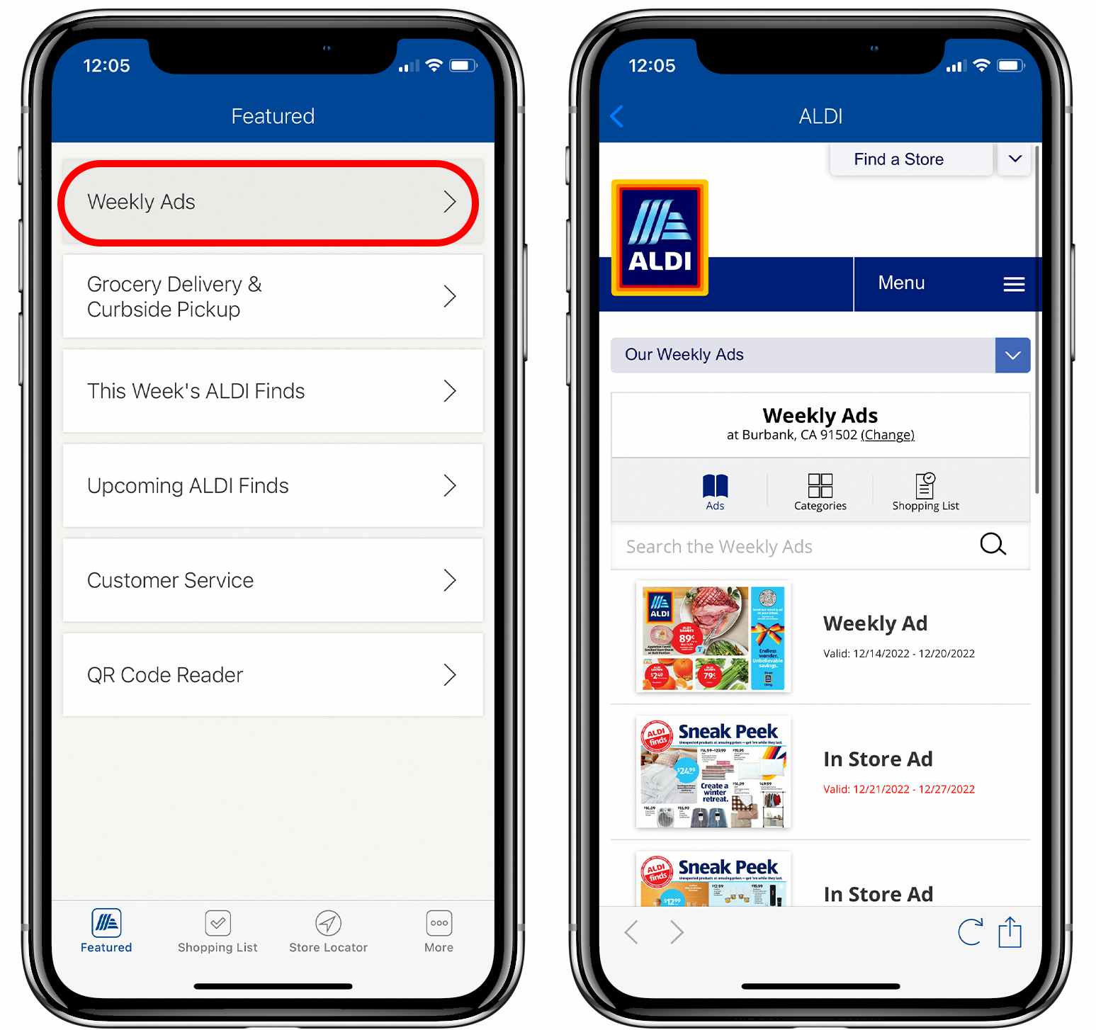 the ALDI app shown on a graphic of two phones displaying how to get to the Weekly Ads