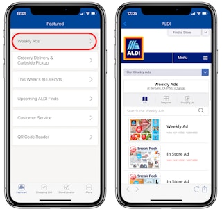 the ALDI app shown on a graphic of two phones displaying how to get to the Weekly Ads