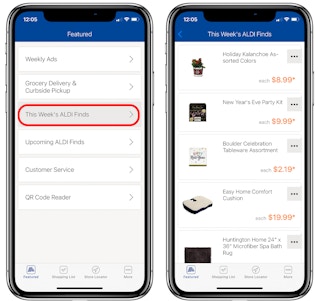 the ALDI app shown on a graphic of two phones displaying how to get to the Weekly ALDI finds