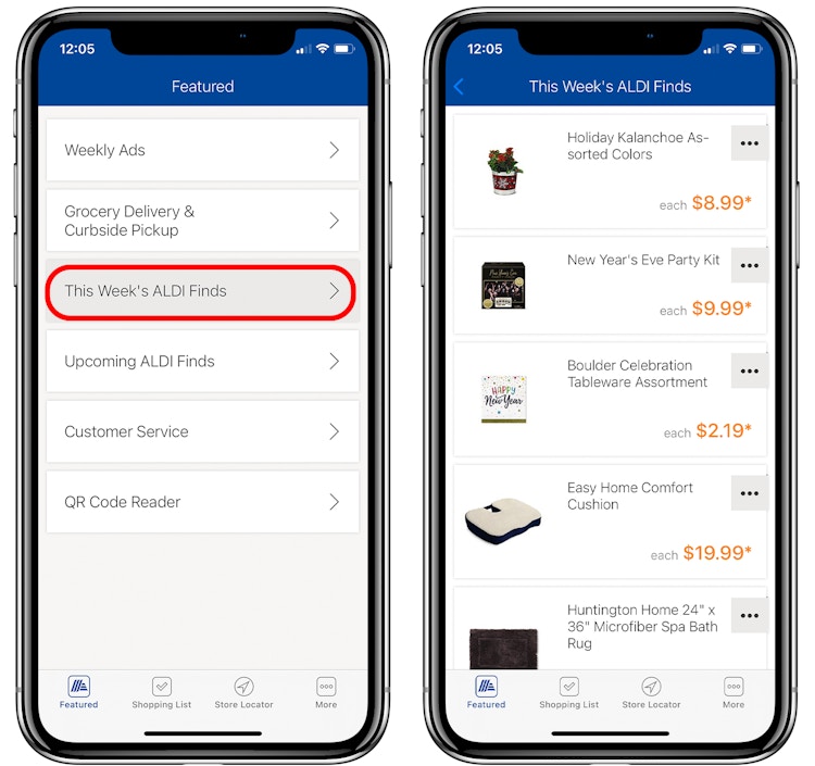the ALDI app shown on a graphic of two phones displaying how to get to the Weekly ALDI finds