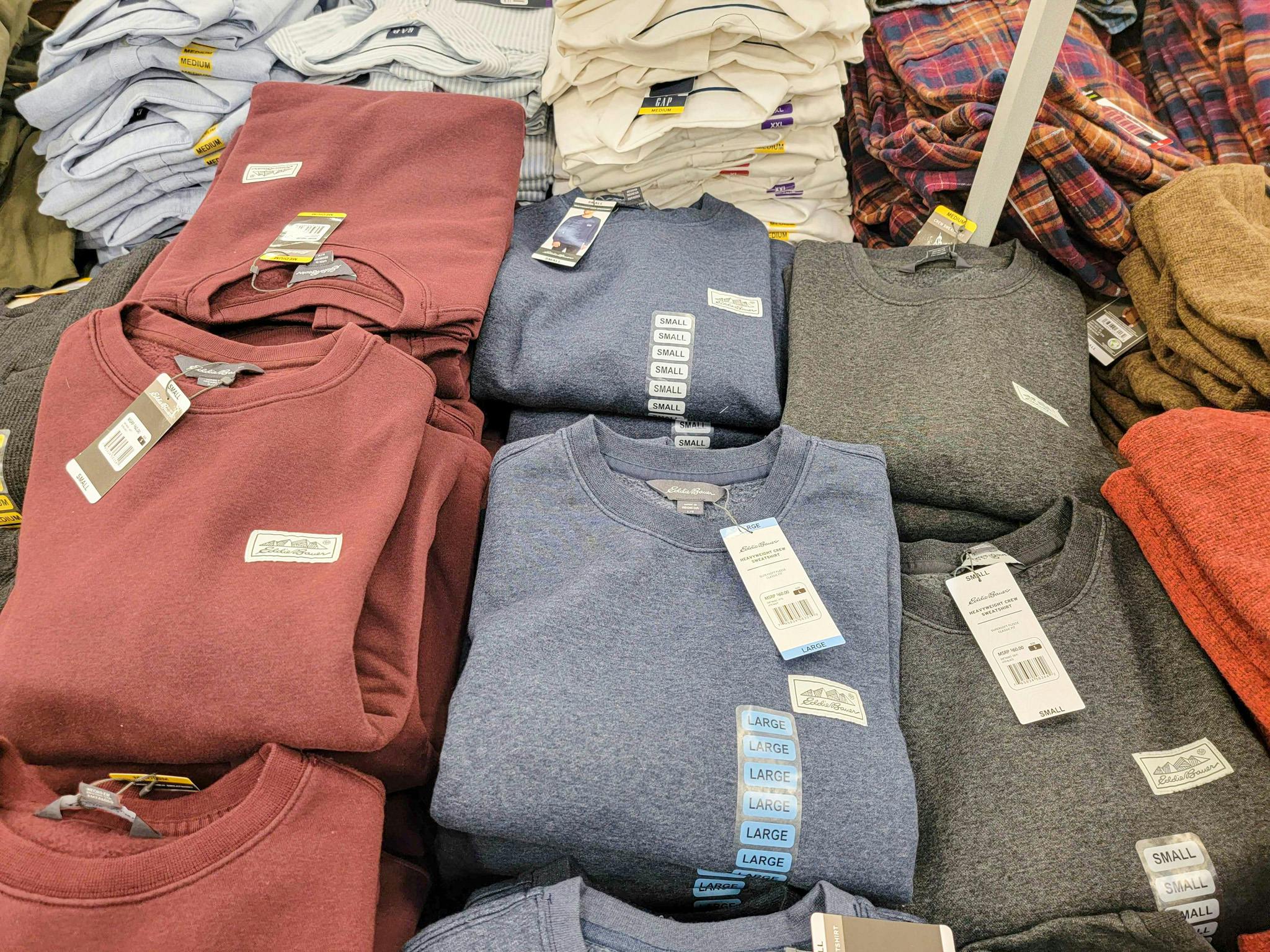 eddie bauer sweatshirts in red, blue and grey