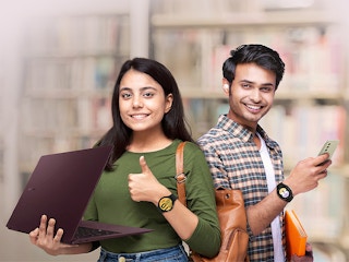 college students in library with samsung chromebook, earbuds, and phone