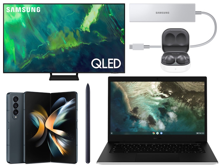 samsung tv, chromebook, adapter, pen, and ear buds