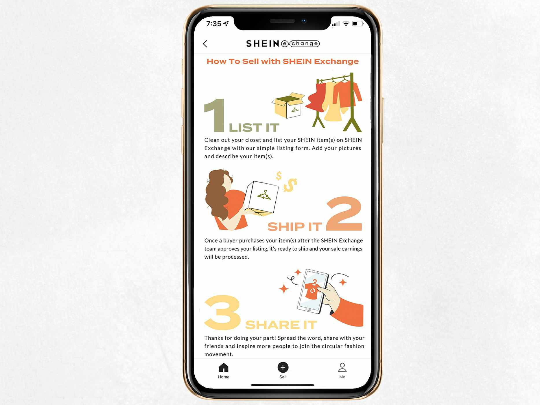 Shein Infographic on cellphone, how to use their exchange program