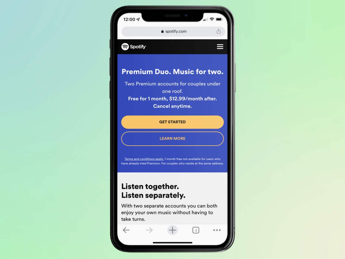 A smartphone showing the main page for the Premium Duo Spotify discount plan
