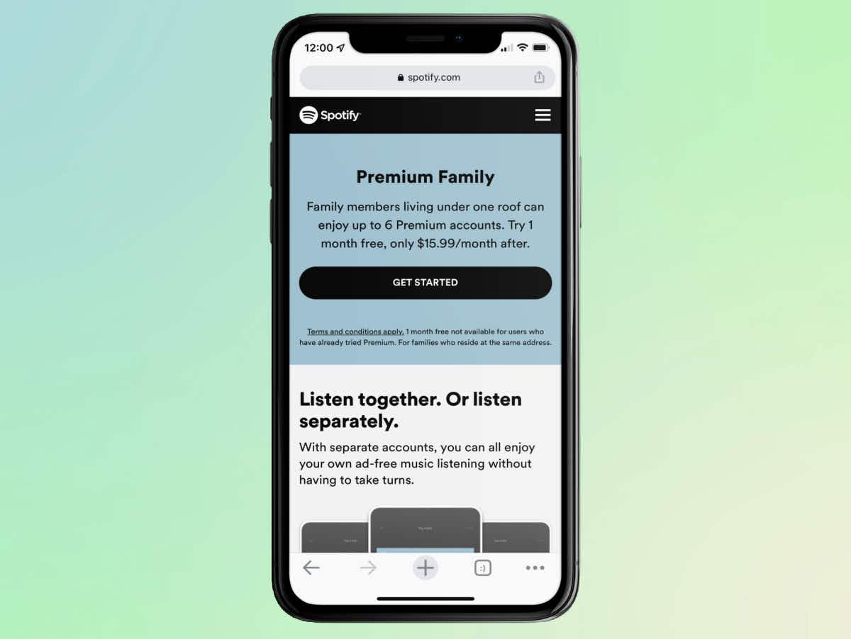 A smartphone showing the main page for the Family Spotify discount plan