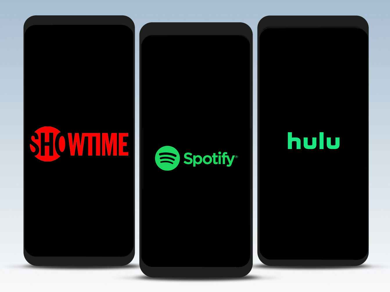 Spotify Showtime and Hulu student discount bundle, three phones, each one showing the logo for Showtime, Spotify, and Hulu