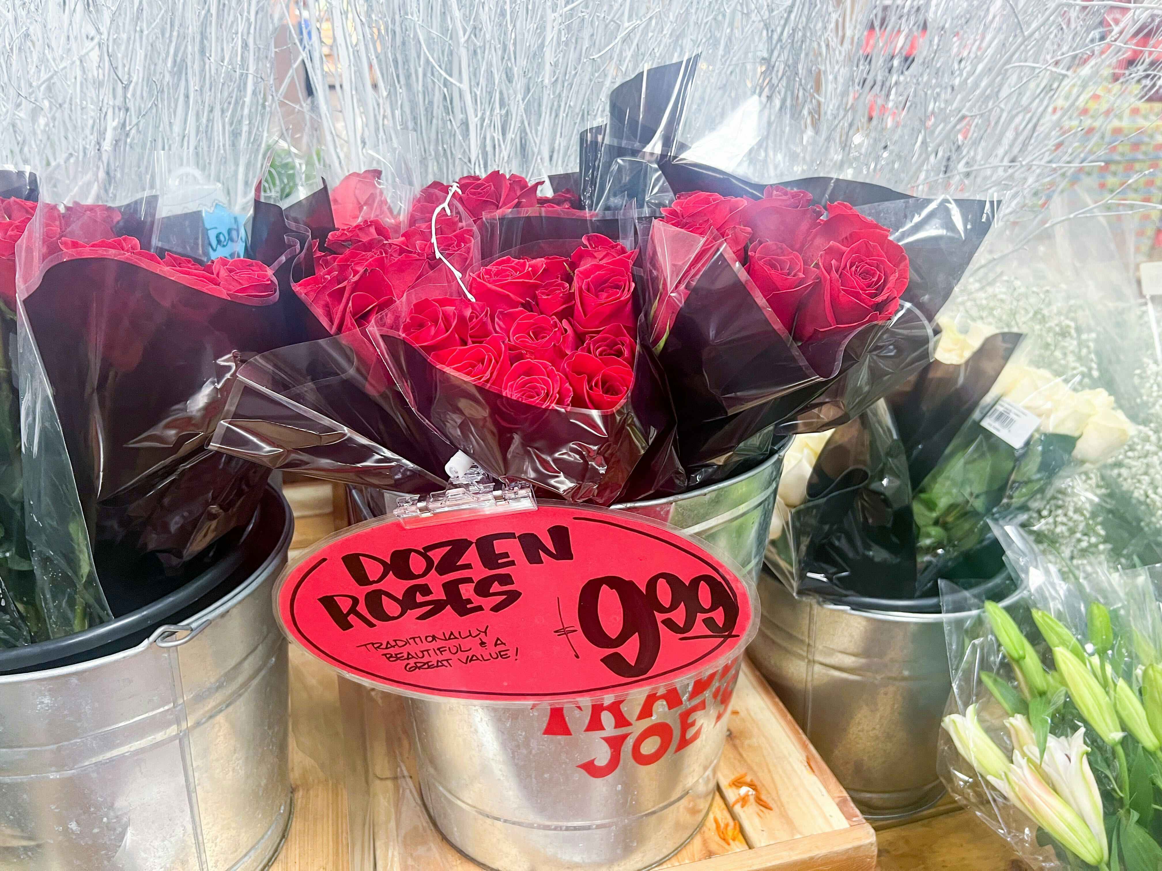 container of red roses at trader joes