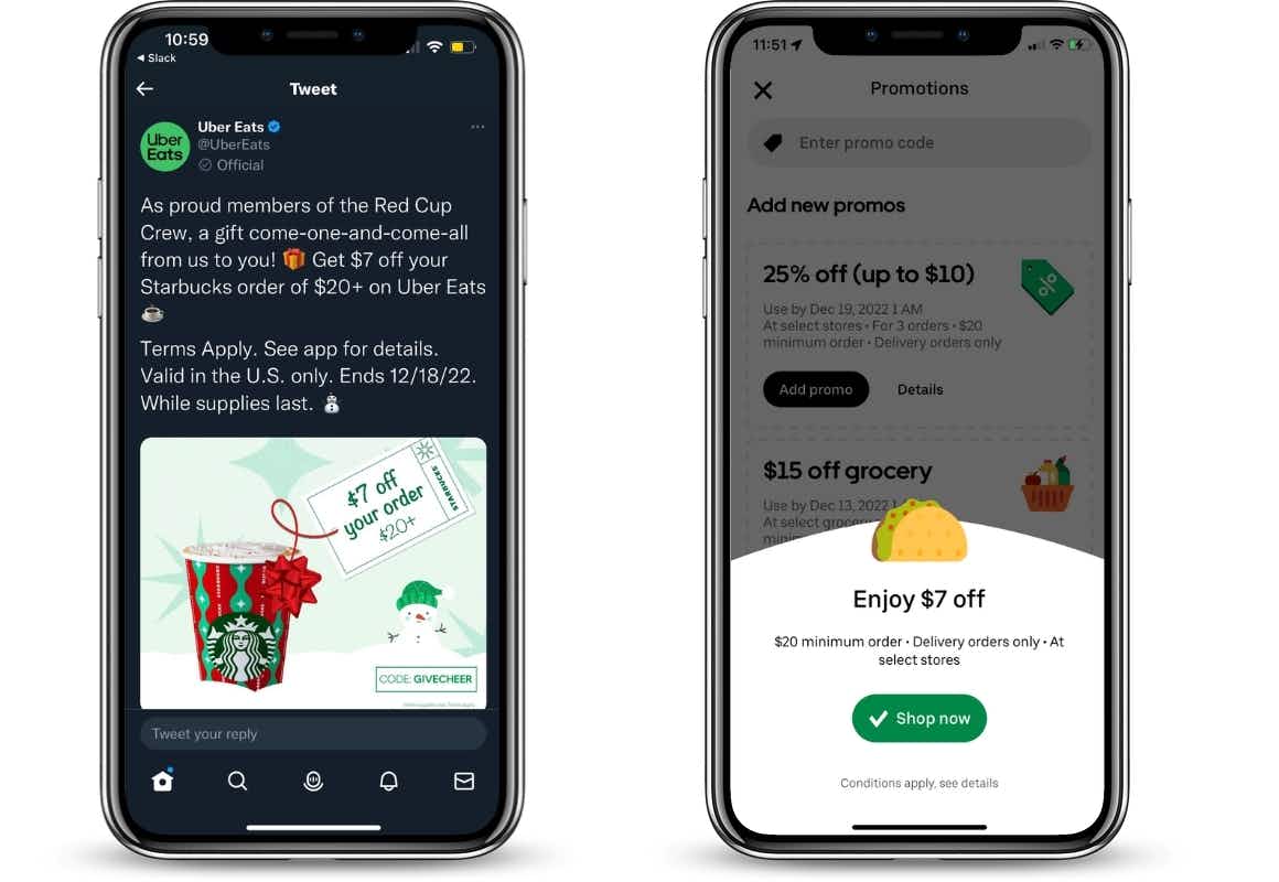 a photo of two phones side by side. one has uber eats twitter on it depicting the deal and the second is uber eats giving that deal. 