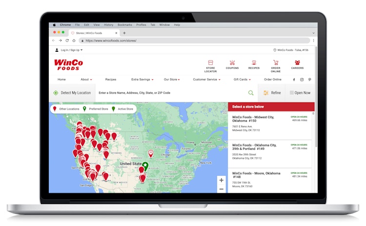 laptop with winco website store locations screenshot