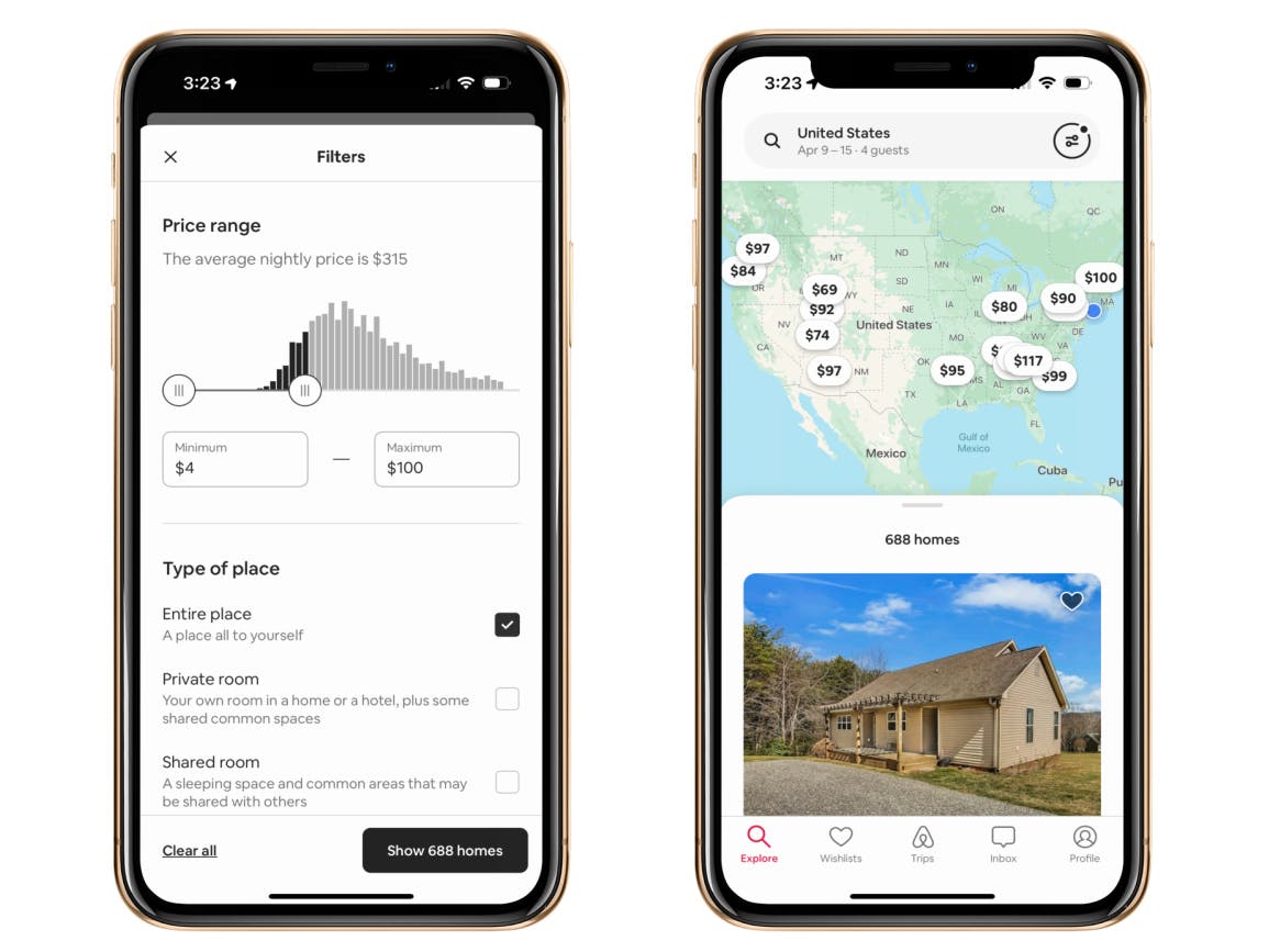 two smartphones side by side showing the airbnb app: one showing the filters with a max price of $100 set and the "entire place" filter checked off, the other showing search results for homes under $100 in the U.S.