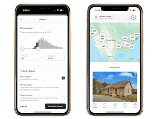 two smartphones side by side showing the airbnb app: one showing the filters with a max price of $100 set and the "entire place" filter checked off, the other showing search results for homes under $100 in the U.S.